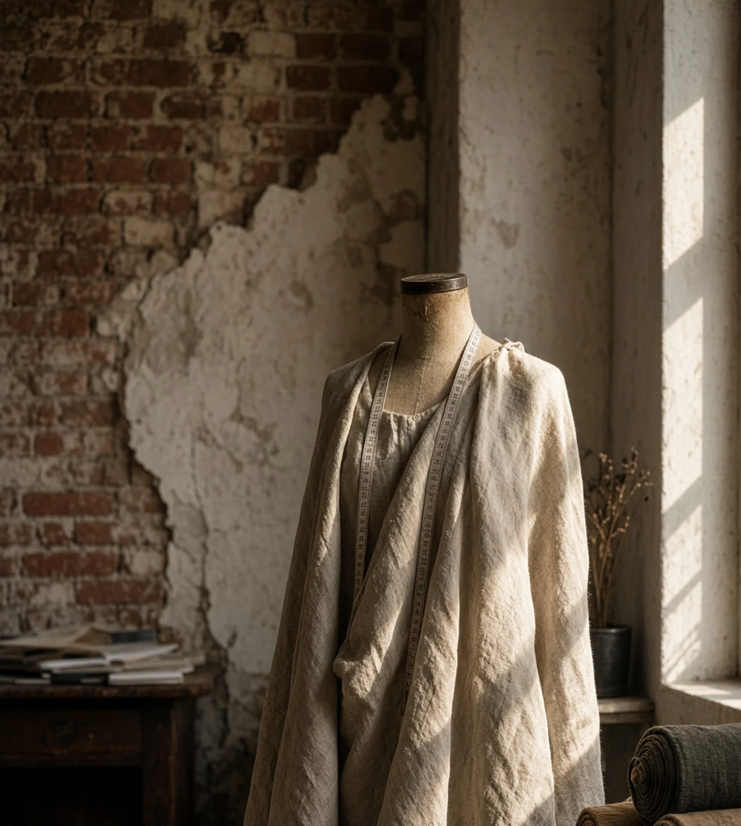 A linen garment on a mannequin in a naturally lit atelier