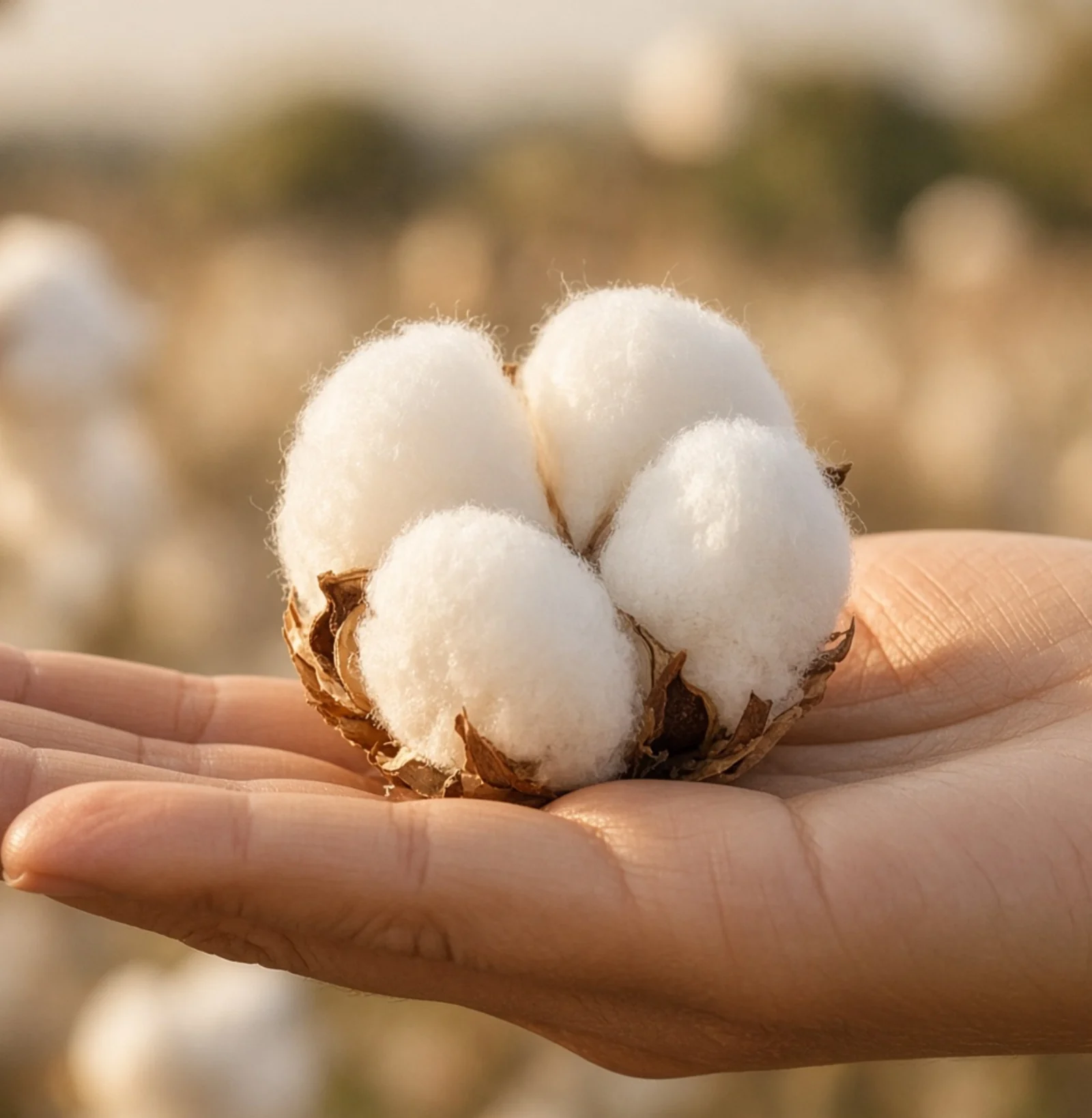 Raw cotton held in warm natural light