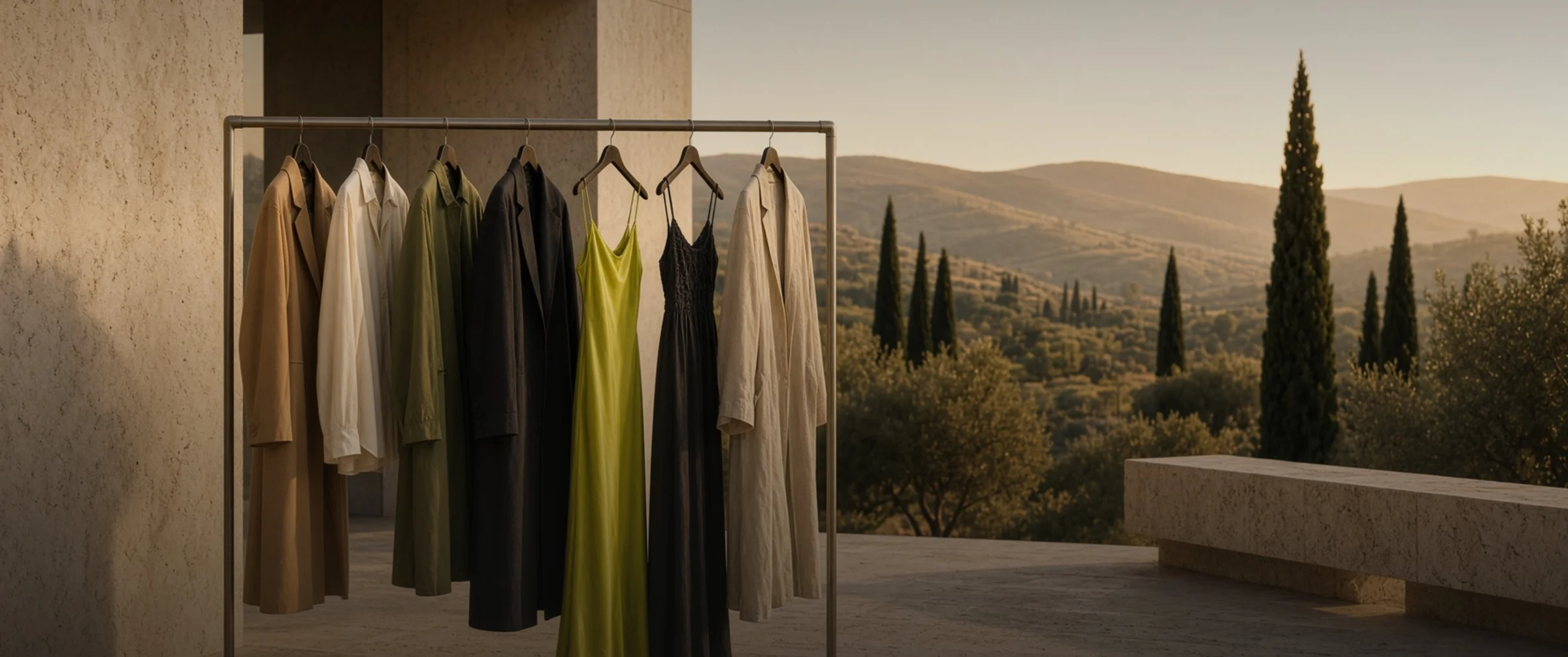 A curated apparel collection overlooking a warm, natural landscape