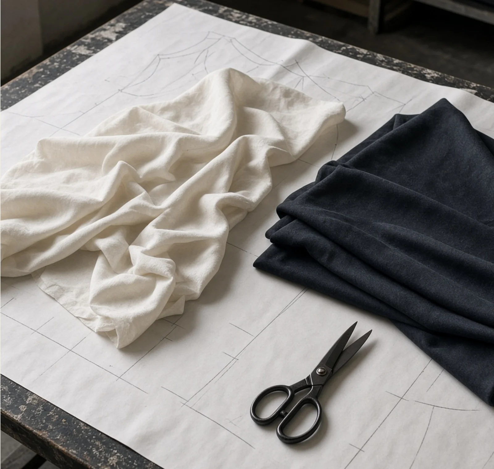 Cream and charcoal fabric arranged over a garment pattern