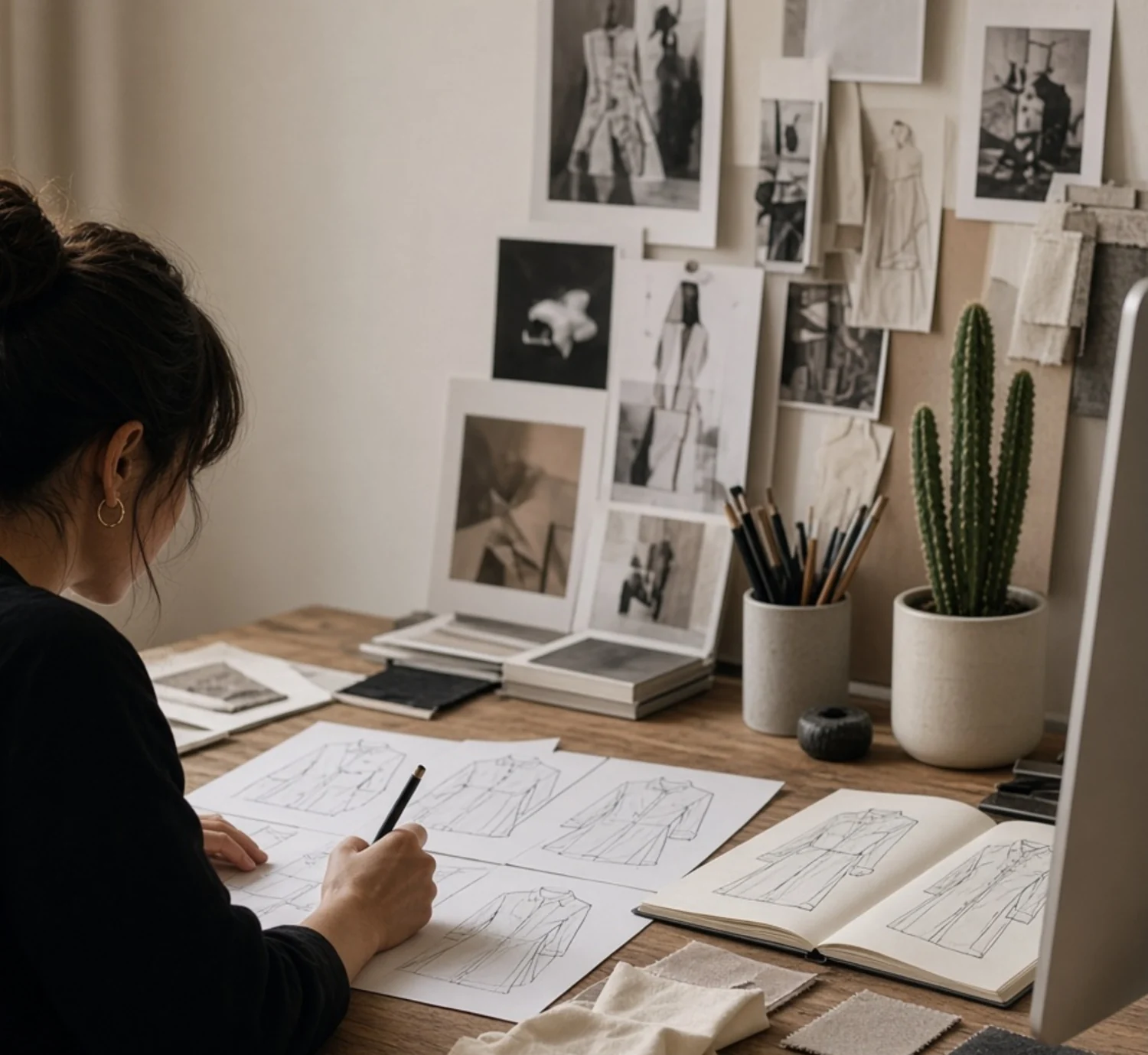A designer working through garment sketches and fabric swatches